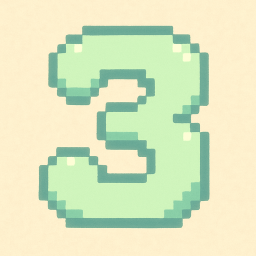 A pixel art number "3" designed for a cozy, cute retro 2D game UI with a bird theme. The number is rendered in soft pastel light green tones to harmonize with the gentle and sweet aesthetic of the game. It has a clean, simple, and rounded pixel style with no harsh edges, fitting perfectly within the pixel art UI style. The number is bold and easily readable at small sizes..
In-Game asset.  2d.  High contrast.  No shadows. pixel art. retro. 2d ui. number. pastel light green. simple. rounded edges. bold. cute. minimal