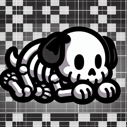 a cartoon skeleton puppy. lying down. head between paws..
Single Game Texture. In-Game asset. 2d. Blank background. High contrast. No shadows.