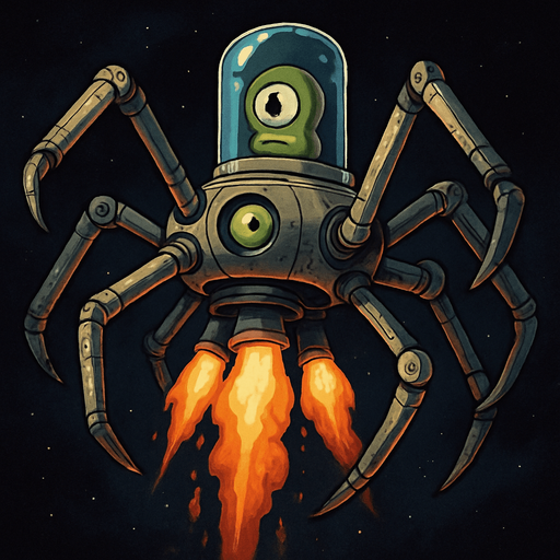 Imagine a multi-legged space machine, its legs sprawling at varied, dynamic angles, giving it an organic yet mechanical feel. Encased within a transparent tube, a one-eyed green alien watches intently. Beneath the ship, vivid rocket flames burst forth, illuminating the dark void of space with fiery intensity.