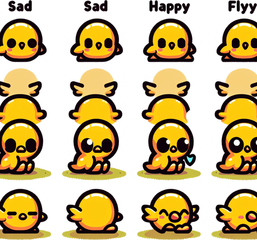 Spritesheet of a little yellow bird, sad and happy, sitting and flying..
Single Game Texture. In-Game asset. 2d. Blank background. High contrast. No shadows.