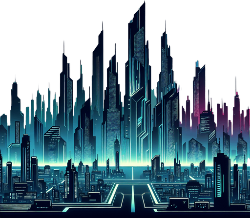 futuristic city background.
Single Game Texture. In-Game asset. 2d. Blank background. High contrast. No shadows.