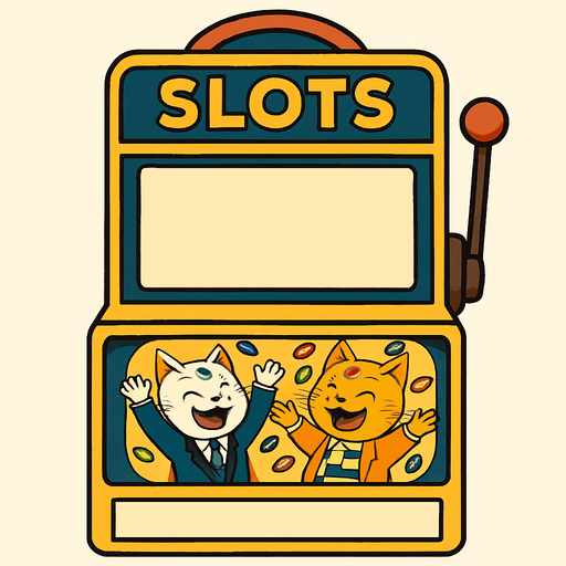 An electronic slots machine with the word Slots at the top. The section where the reels should be is a big empty rectangular window, no background. Underneath that window have a smaller graphic of the cats from this picture throwing chips into the air as a picture on the face of the slots machine. Like they’ve won a jackpot. Include the part where the buttons are, but have that part blank with no buttons. Background behind the image is white.