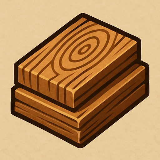 Crea un icono de madera que represente el recurso de construcción y mejora. Debe ser una pila de troncos cortados o un fajo de tablones de madera, vistos directamente desde arriba. La superficie superior debe mostrar la textura de la madera (anillos de crecimiento, vetas) y un sombreado que dé volumen a la pila..
In-Game asset.  2d.  High contrast.  No shadows