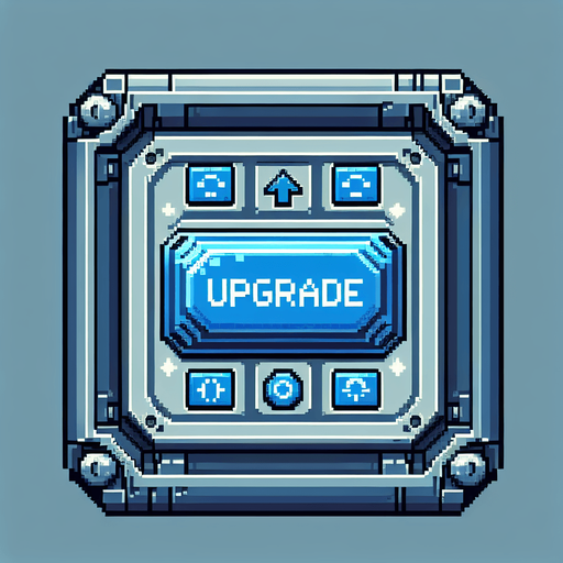 Pixelart. A blue metallic rectangular interface button from a spaceship with the lettering 'UPGRADE' on it..
Single Game Texture. In-Game asset. 2d. Blank background. High contrast. No shadows.