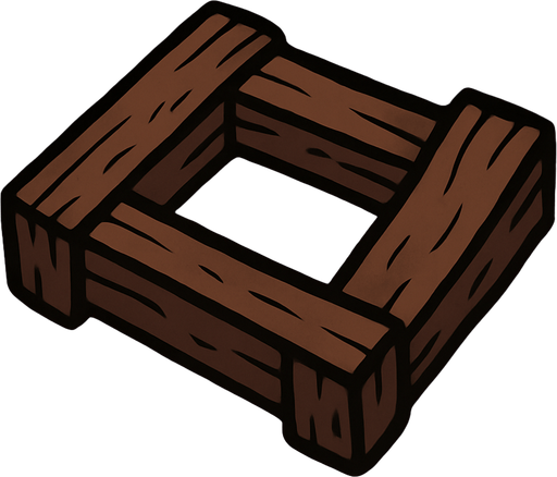 2D game asset, vector style, high contrast, flat colors, no shadows, a small cluster of three connected, dark brown wooden beams forming a rough, square shape, floating in the water as a solid obstacle, suitable for a top-down game, transparent background, PNG format..
In-Game asset.  2d.  High contrast.  No shadows