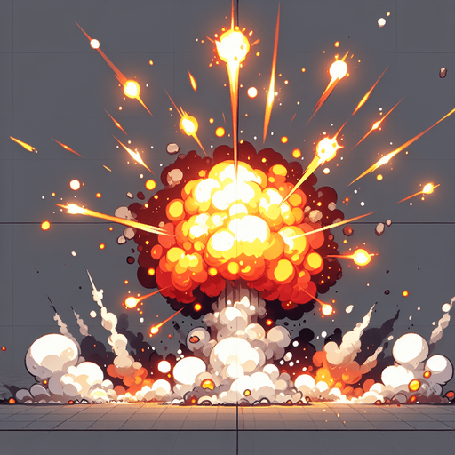 Initial Impact:

Start with a bright flash of light (yellow or white) at the point of collision to indicate the impact.
Explosion Burst:

Create a series of expanding fireballs with glowing orange, red, and yellow hues.
Add smoke trails or debris flying outward from the center of the explosion.
Animation Details:

Make the explosion dynamic, starting with a fast expansion and then slowly fading out.
Include flickering or sparking effects for added realism.
Duration:

The entire animation should last around 0.5–1 second to ensure it feels impactful but doesn't interrupt gameplay flow.
Style:

Match the art style of the game, whether it's realistic, cartoonish, or pixelated, to ensure consistency..
Single Game Texture. In-Game asset. 2d. Blank background. High contrast. No shadows.