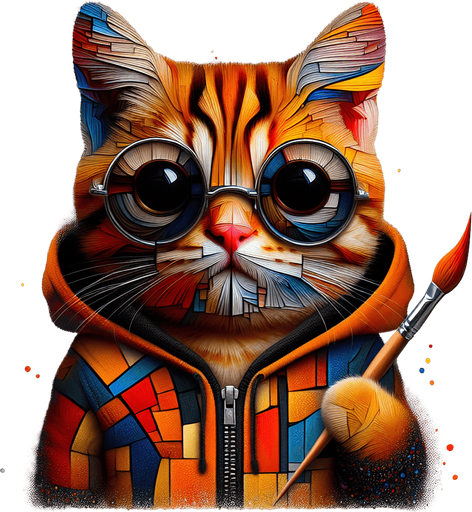 The character is reimagined as an homage to the essence of Picasso's artistry, transforming the cartoon-style orange tabby cat into a figure of abstract fascination. Its once round face now adopts an intriguing assortment of angles and planes, suggestive of Cubism's revolutionary approach, with oversized round black opaque sunglasses, and a pronounced red pout all reinterpreted through geometric distortion. The stripes of the cat's fur morph into a tapestry of fragmented shapes, blending shades and tones in unexpected juxtapositions that challenge conventional perspectives.

Splatters of color across its form not only signify its role as an artist but also pay tribute to Picasso's vibrant palette, with hues that break free from the confines of form and structure. The cat's body, while maintaining its smaller scale compared to its head, is depicted with a cubist's freedom, breaking the boundary between dimension and representation. Clutching a paintbrush, the cat becomes a beacon of creative expression, surrounded by a halo of color and form that defies the ordinary.

Adorned in a simple hoodie, now reimagined as a canvas of abstracted shapes and colors, the cat sits poised, embodying the relaxed yet profoundly transformative essence of Picasso's artistic legacy. This character, through playful abstraction and whimsical creativity, stands as a mascot for the boundless imagination of art, perfect for inspiring a love of creativity in a children's book or as a distinctive figure in any artistic endeavor."

This description embraces the spirit of Picasso's work—innovative, bold, and ever-challenging the viewer's perception—while tailoring the essence to fit the unique character of this artistic cat..
Single Game Texture. In-Game asset. 2d. Blank background. High contrast. No shadows.