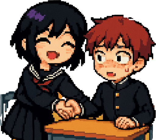 In pixel art style, a cute anime-style girl with an emo aesthetic, striking purple eyes, and a Japanese school uniform (sailor fuku) suddenly pulls the hand of a shy red-haired boy with red eyes, who is wearing a gakuran and sitting in front of a rectangular desk. She smiles brightly with her eyes closed as she yanks him toward her, pulling him out of his seat. The boy looks confused and nervous, flustered by the sudden physical contact. In the background, a typical Japanese classroom can be seen.