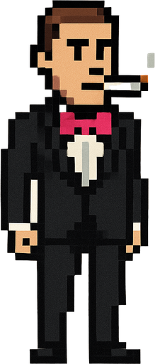 man in a black and white tuxedo with a pink bow tie and with a cigarette in his mouth, whole body shown 2d pixel art..
In-Game asset.  2d.  High contrast.  No shadows