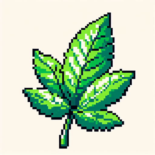 8 bit image anime green leaf.
Single Game Texture.  In-Game asset.  2d.  Blank background.  High contrast.  No shadows