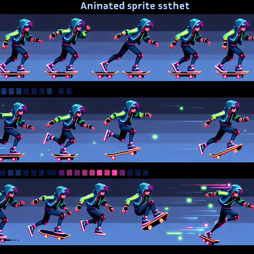Animated skating sprite sheet (8 frames)

Jumping animation (3 frames)

Ideal size: 150x200 pixels

Theme: Futuristic athlete with skate board glowing accents. cartoonish with glowing colors
Single Game Texture.  In-Game asset.  2d.  Blank background.  High contrast.  No shadows