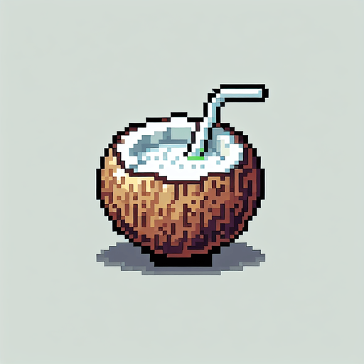 cartoon/8-bit. coconut drink. in a coconut..
Single Game Texture. In-Game asset. 2d. Blank background. High contrast. No shadows.
