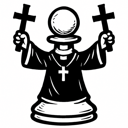 Draw a white pawn dressed in a priest's robe and holding two crosses in the air in a divine manner.
In-Game asset.  2d.  High contrast.  No shadows