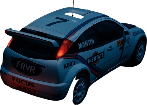 Photorealistic Ford Focus wrc from 2000 year in nightlight, drone topview FROM BACK and 45 degrees angle in top right corner. Modify the real sponsors to just similars. Change ford logo text to frvr