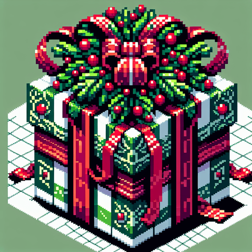 Pixel art of an elaborate green christmas present with red ribbons. Single Game Texture. In-Game asset. 2d. Blank background. High contrast. No shadows.