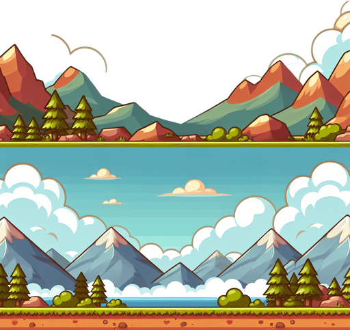 Distant clouds and mountains. Cartoony. Mario style.
Blank background.  High contrast.  No shadows