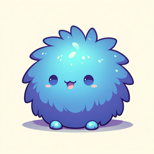 a colbalt blue furry cuddly ball of fur. little feet. No ears. cute happy face. Cartoon style. Cute art style. Simple vector style. Pastel colors, flat shaded, vector art. Single Game Texture. In-Game asset. 2d. Blank background. High contrast. No shadows
