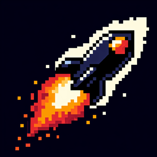 8 bit image black rocket with fire tail.
Single Game Texture.  In-Game asset.  2d.  Blank background.  High contrast.  No shadows