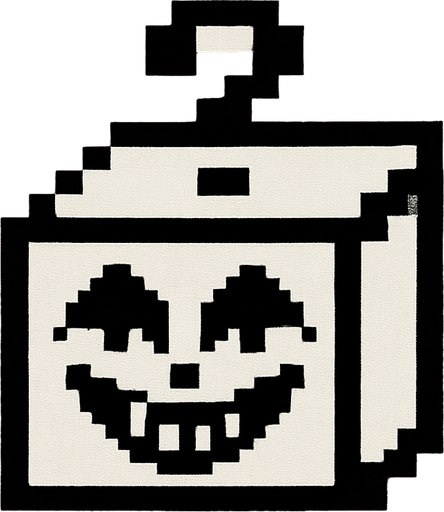 Una caja sorpresa cerrada en blanco y negro pixeleado en 16x16 pixeles, en la caja hay un dibujo de unos ojos y sonrisa de Jevil de deltarune. el fondo de la imagen es de color rojo