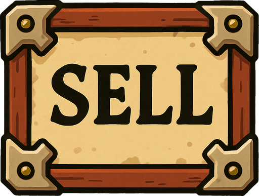 ortaçağ temalı buton üstünde SELL yazıyor.
In-Game asset.  2d.  High contrast.  No shadows