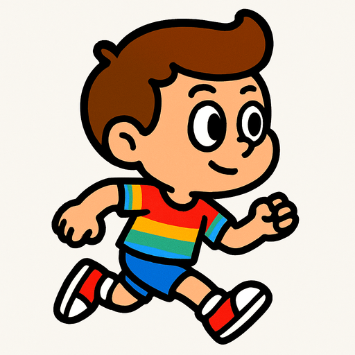 The character is a small 2D cartoon-style human with a big head and simple features. They have large eyes, a small mouth, and wear a colorful T-shirt, shorts, and sneakers. The colors are bright and friendly to make the character look playful and fun. The game is shown from a side view, so the character is always seen from the side. Only provide the running sprite, showing the character moving with simple leg and arm movements..
In-Game asset.  2d.  High contrast.  No shadows