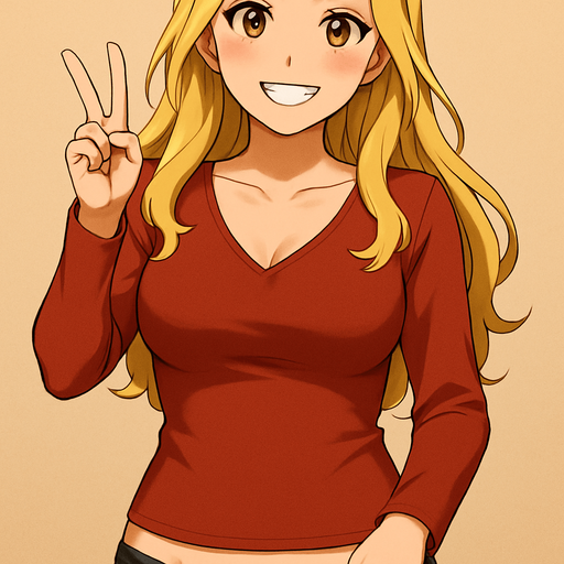 Show her from a little further away and make a victory sign with her hand and smiley face