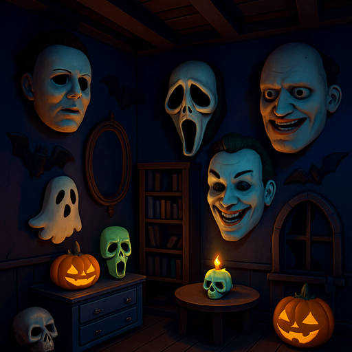 3D Scary room with many 3D decorations around, 3D scary masks of memes from movies around it.
In-Game asset.  3D.  High contrast.  No shadows. no jesus cross. no star of 6. no start of 5. no devil. HD colors