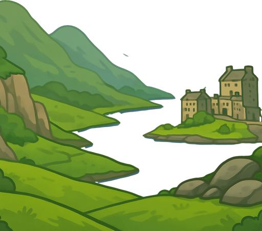 A 2D cartoon-style background inspired by the scenic landscapes of Scotland. Include lush green hills, rocky cliffs, a winding river or loch, and a historic Scottish castle in the distance (like Eilean Donan). Add some rolling mist or cloudy skies for atmosphere. Style should be colorful, clean, and game-friendly — flat illustration or soft-shaded vector. Ideal for a music game featuring bagpipes. Export as a wide landscape (1920x1080) with transparent or fixed background, no text or UI..
In-Game asset.  2d.  High contrast.  No shadows