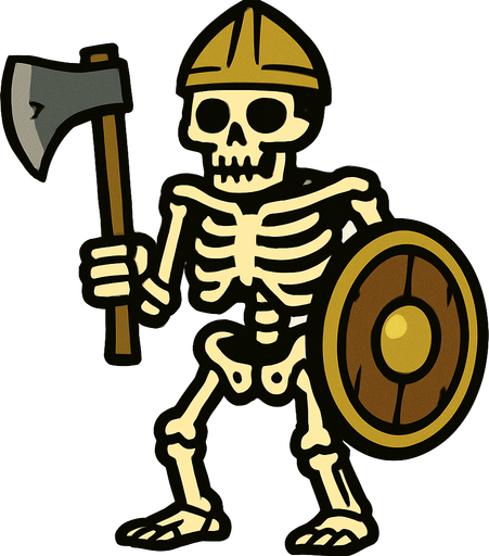 un esqueleto grande, con un hacha, un caso y escudo.
In-Game asset.  2d.  High contrast.  No shadows