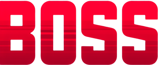 An SVG of the word **BOSS** in sharp red font..
Single Game Texture.  In-Game asset.  2d.  Blank background.  High contrast.  No shadows