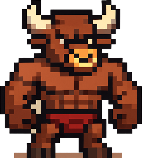 Toro furry fuerte sin camisa pixelado.
In-Game asset.  2d.  High contrast.  No shadows