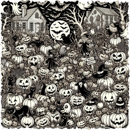 Generate a high quality cartoon background Halloween image on a black canvas similar to the format of where is waldo.
Single Game Texture. In-Game asset. 2d. Blank background. High contrast. No shadows.