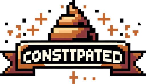 text saying "Constipated" against a poop banner. pixelated. 8-bit.
Single Game Texture. In-Game asset. 2d. Blank background. High contrast. No shadows.