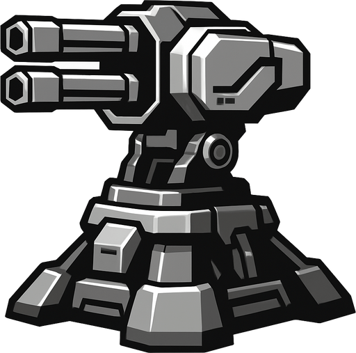 torreta futurista en escala de grises con aspecto default.
In-Game asset.  2d.  High contrast.  No shadows