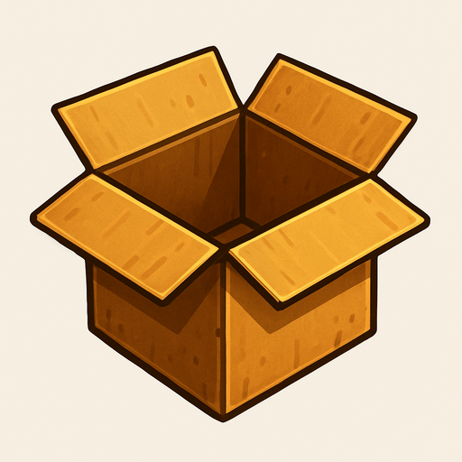 open cardboard box.
Single Game Texture.  In-Game asset.  2d.  Blank background.  High contrast.  No shadows