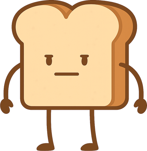 Piece of bread with hands and feet with a serious face. No background. Transparent background. Blank background. No shadows. 2d. In-Game asset. flat
