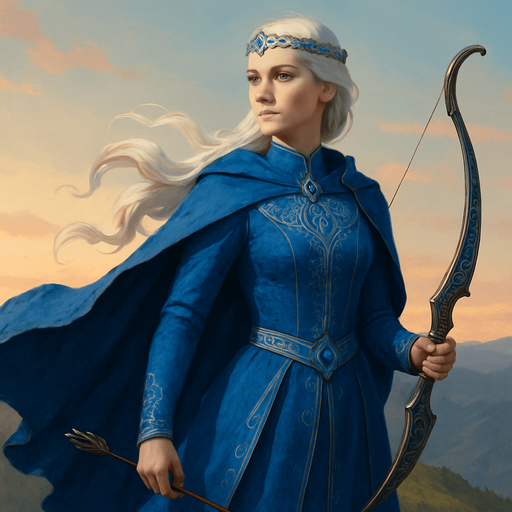 A noblewoman-archer dressed in royal blue and silver, standing on a hilltop during dawn. Female, 30 years old, graceful but strong, with long platinum blonde hair in a braid, storm-grey eyes, and porcelain skin. She wears a sapphire-encrusted circlet and carries an ornate elven longbow. Her cloak flutters in the wind. Realistic, highly detailed, elegant fantasy tone. relistic.
In-Game asset.  2d.  High contrast.  No shadows