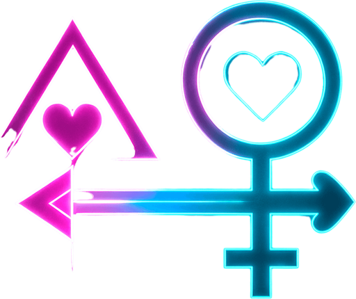 Neon cyberpunk arrow glowing hologram heart eye triangle sigil, symbol of Venus female sign with heart motif tip, magic love arrow pink cyan laser linework