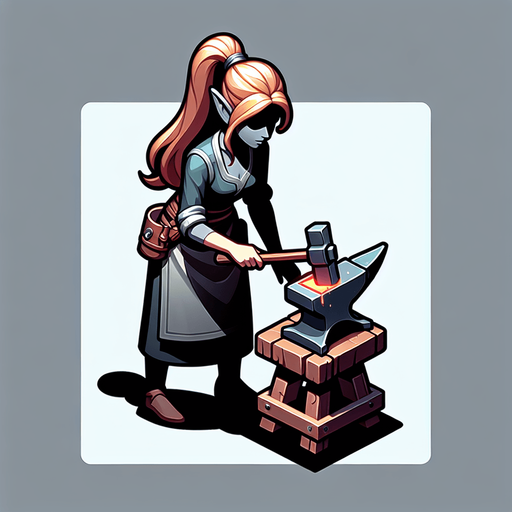 Девушка эльфийка кузнец у наковальни.
Single Game Texture. In-Game asset. 2d. Blank background. High contrast. No shadows.