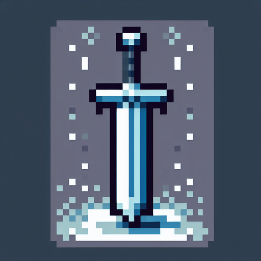 sword pixelated.
Single Game Texture. In-Game asset. 2d. Blank background. High contrast. No shadows. Indie style, low resolution