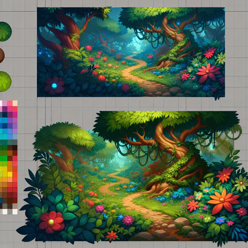 Enchanted forest.
Single Game Texture. In-Game asset. 2d. Blank background. High contrast. No shadows.