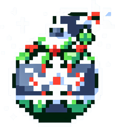 16 bit CHRISTMAS bomb power up icon.
Single Game Texture. In-Game asset. 2d. Blank background. High contrast. No shadows.