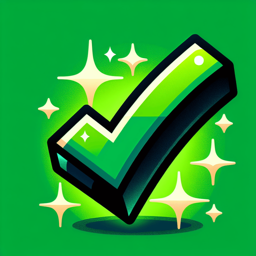 A bold green checkmark..
Single Game Texture. In-Game asset. 2d. Blank background. High contrast. No shadows.