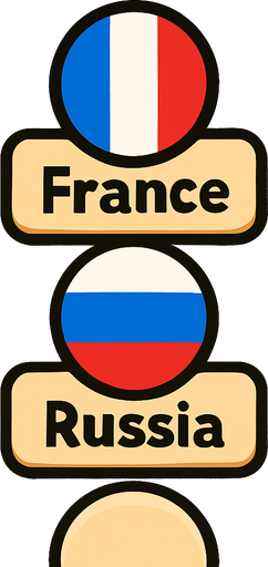 A flat, 2D game UI-style asset showing a vertical set of three country pins labeled: "France "Russia". Each pin includes a circular flag icon above the text label. The layout is columnar, cartoonish, and visually clean. Each pin should be exportable or usable individually for a mobile game's level selection screen..
In-Game asset.  2d.  High contrast.  No shadows