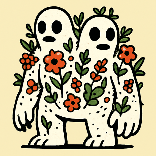montruo blanco de ojos negros con dos cabezas con flora en el cuerpo.
In-Game asset.  2d.  High contrast.  No shadows