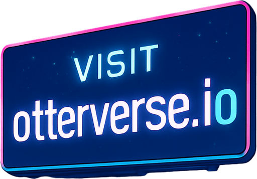 “Render a futuristic skyline view from a glass-walled sky-bridge at twilight. Huge digital billboard outside declares ‘Visit otterverse.io’ in crisp neon lettering. Include passing hover-cars, floating particle effects, and a wet floor inside reflecting the lights—no characters or coins.”.
In-Game asset.  2d.  High contrast.  No shadows