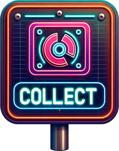 retro sign with the word collect and a datadisk symbol in neon colors...
Single Game Texture. In-Game asset. 2d. Blank background. High contrast. No shadows.