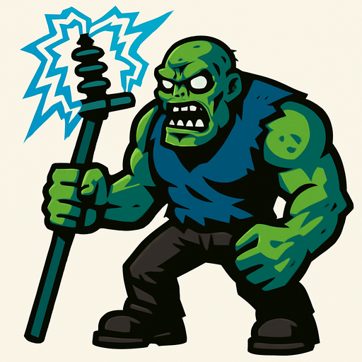 Un zombie grande ey fuerte eue sostiene un palo de electricidad.
In-Game asset.  2d.  High contrast.  No shadows