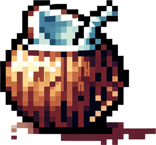 cartoon/8-bit. coconut drink. in a coconut..
Single Game Texture. In-Game asset. 2d. Blank background. High contrast. No shadows.