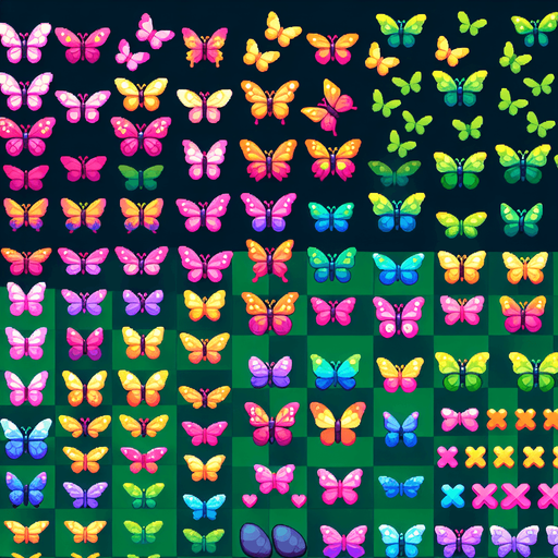 A sprite sheet of different colored butterflies. Include pink, green and yellow..
Single Game Texture. In-Game asset. 2d. Blank background. High contrast. No shadows.